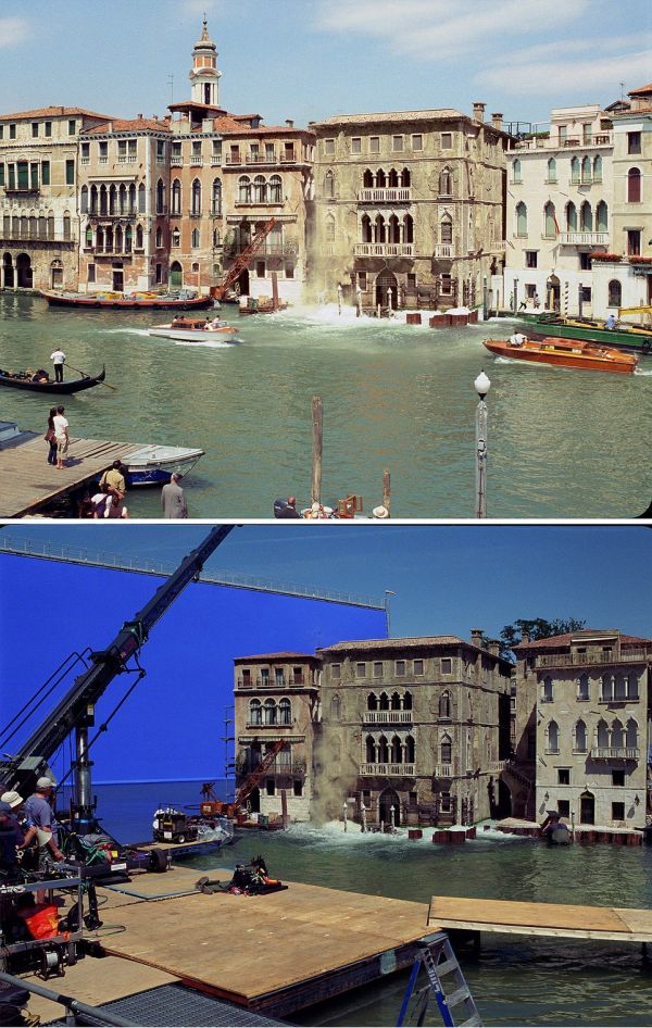 Кадры из «Джеймса Бонда» до и после наложения спецэффектов