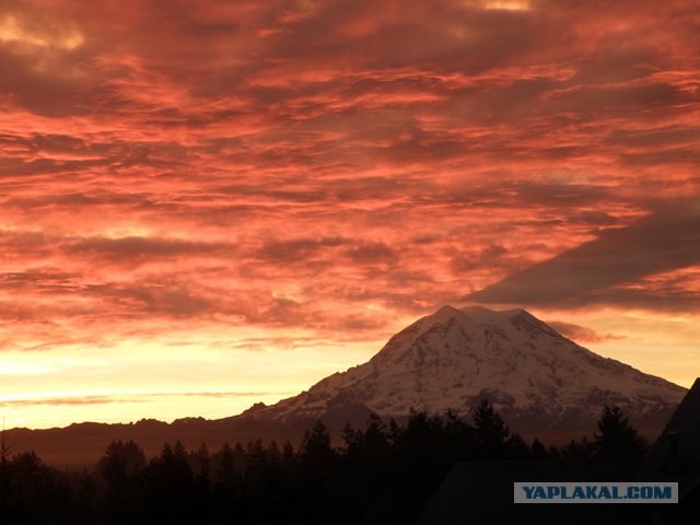 Гора Rainier. Тень на облаках ...