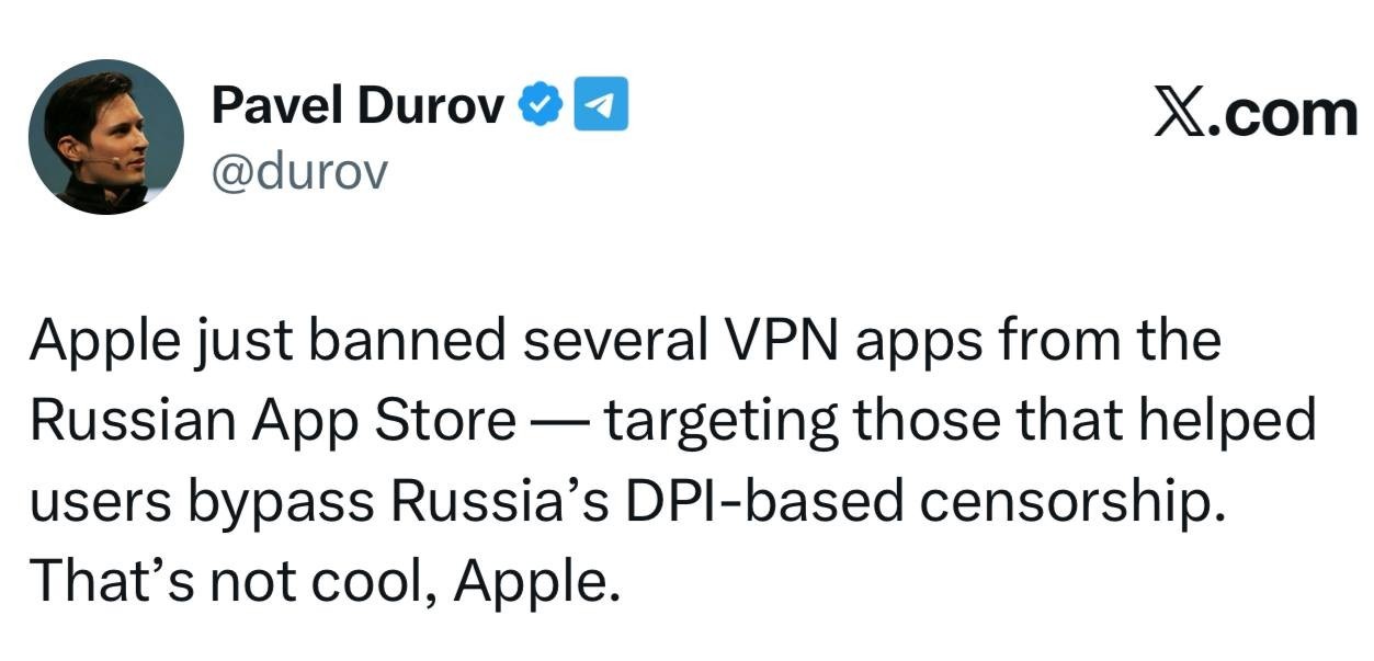 Павел Дуров  осудил Apple за блокировку VPN в России