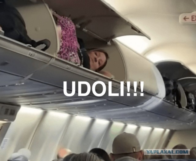 Чтобы вздремнуть, пассажирка расположилась на багажной полке самолёта