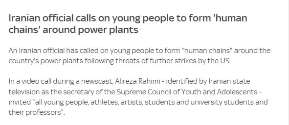 В Иране призвали молодежь создавать «живые цепи» вокруг электростанций для их защиты после угроз США, — Sky News