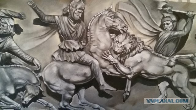 Картина с лошадьми и львом.