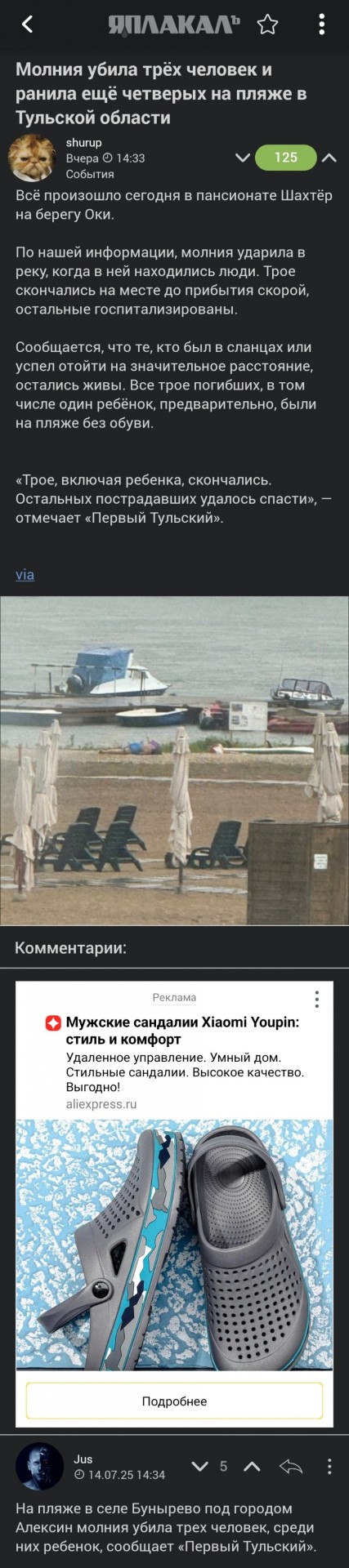 Молния убила трёх человек и ранила ещё четверых на пляже в Тульской области
