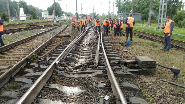Сход тепловоза с рельс, подъем с помощью лягушек