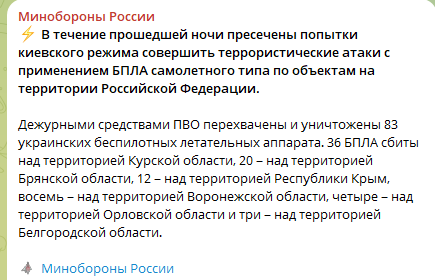 Губернатор Орловской области Андрей Клычков сообщил о том, что система ПВО сбила ракету, выпущенную ВСУ по российскому региону