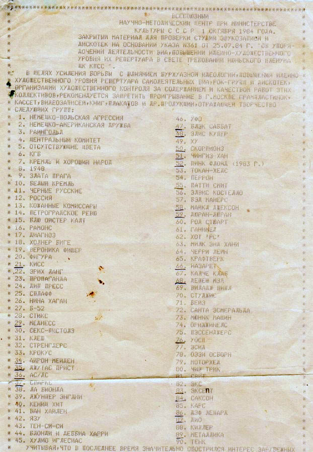 Список запрещённых групп и ансамблей 1984-го года