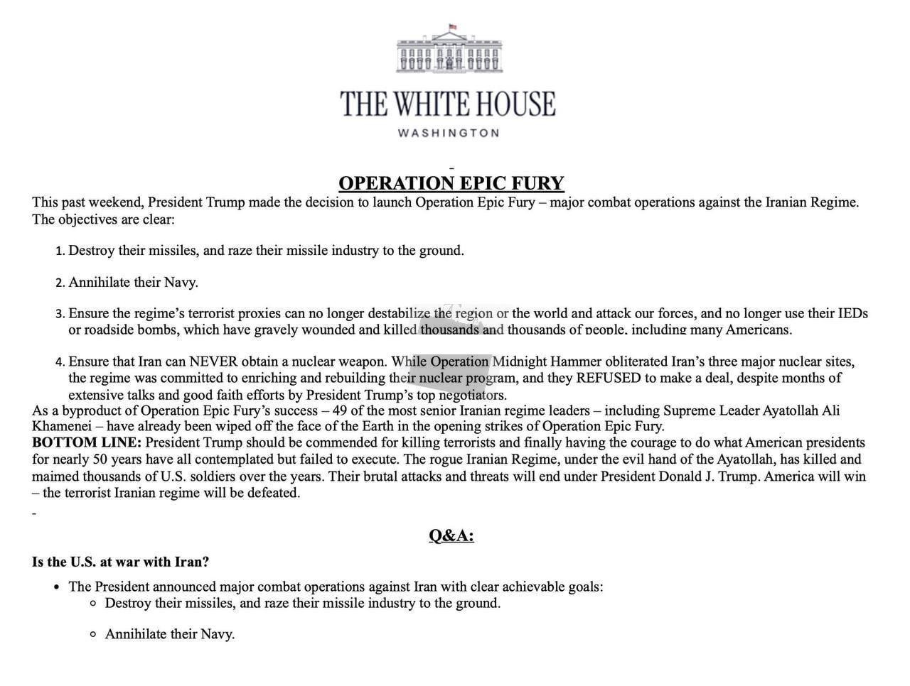 Белый дом запретил конгрессменам-республиканцам называть атаку на Иран «войной»