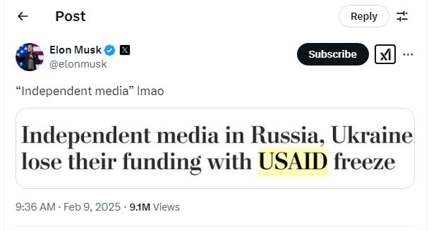 Маск высмеял СМИ в РФ и на Украине, которые остались без финансирования USAID