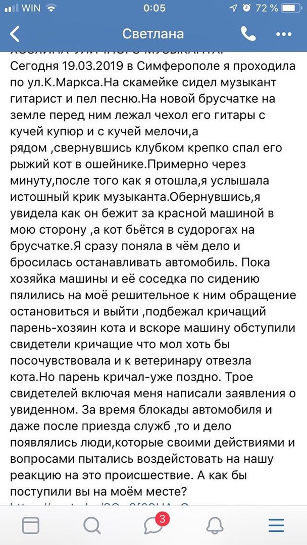 В Симферополе поехавшая девица, двигаясь по пешеходной улице, раздавила  котика уличного музыкантка, спавшего у него в чехле.