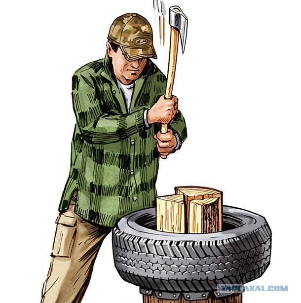 Быстрая колка дров с помощью покрышек