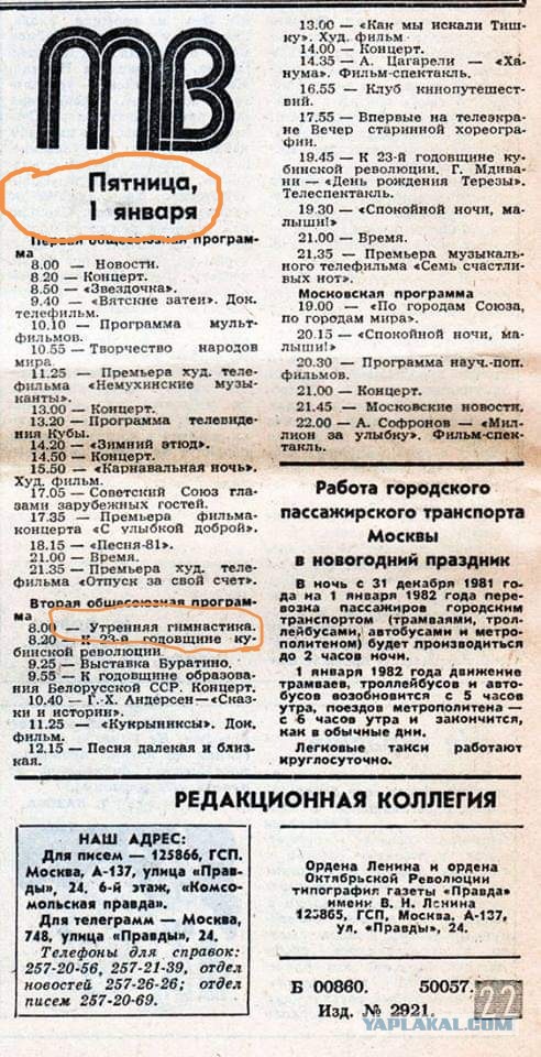 Программа передач ЦТ СССР, с 31.12.81 на 01.01.82 год.