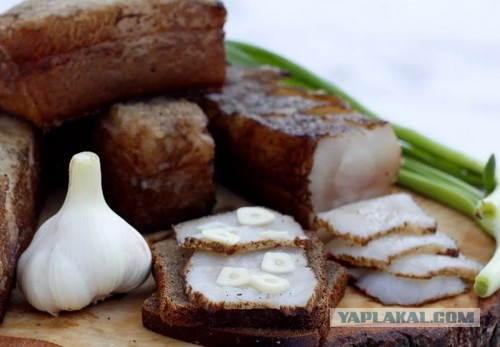 Кусочек сала с чесноком на ржаном хлебе