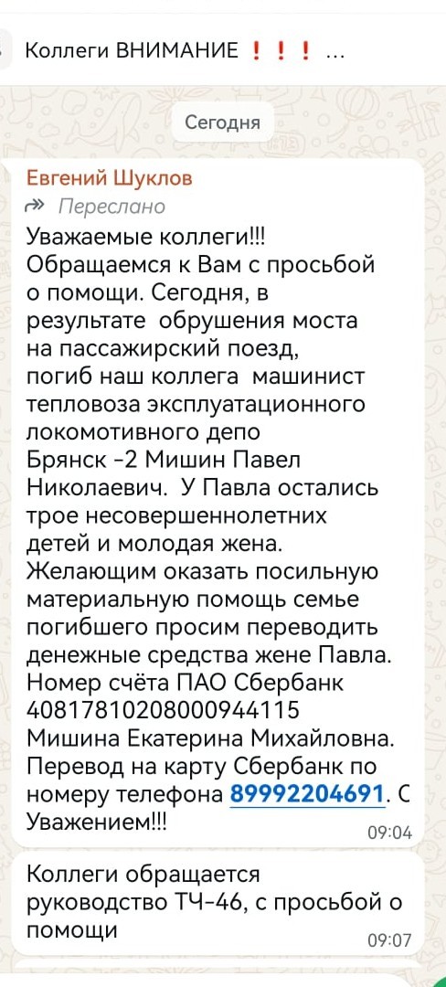 Погибший машинист поезда под Брянском спас сотни людей благодаря быстрой реакции