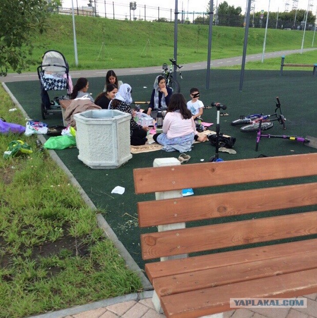 Гости столицы обедают на детской площадке в парке