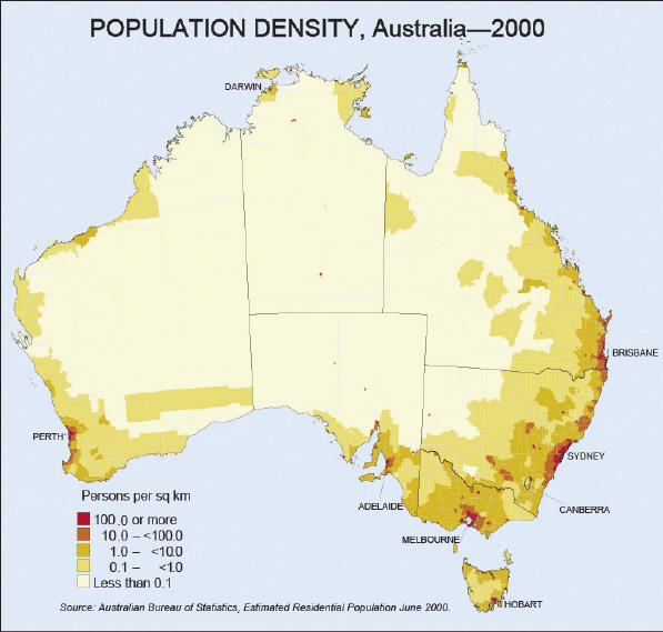 Карта плотности населения Австралии.