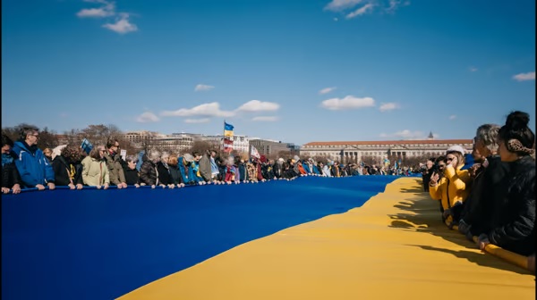 Возле Белого Дома растянули наибольший Флаг Украины