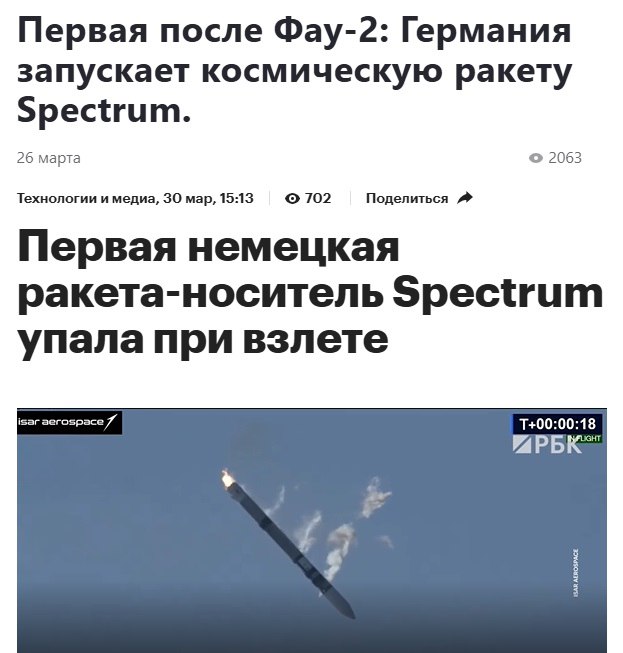 Ракета-носитель Spectrum упала вскоре после запуска