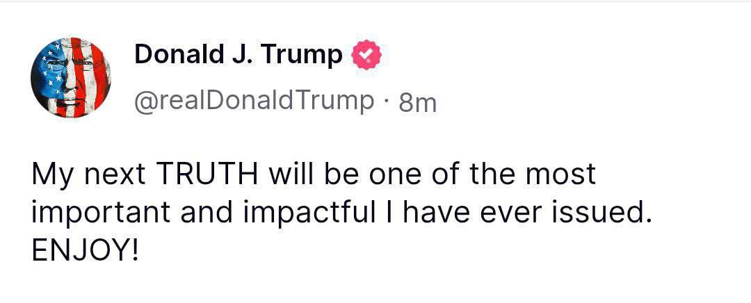 Трамп заявил, что его следующий пост в соцсети Truth будет «одним из самых важных и влиятельных».