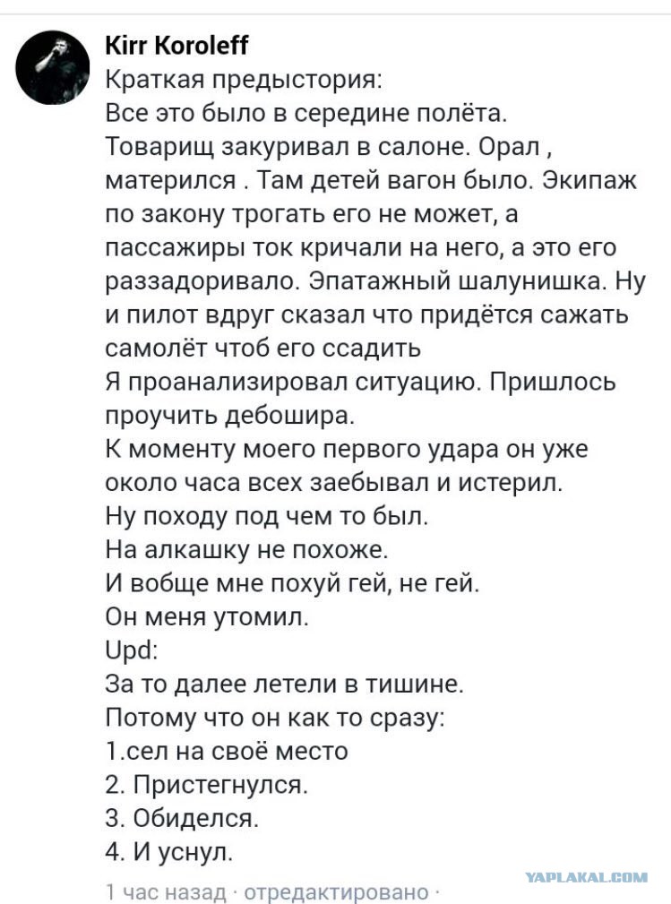 Чувак, вломивший гомосеку Виталику в самолете, рассказал 