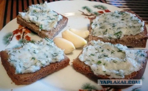 Кусочек сала с чесноком на ржаном хлебе