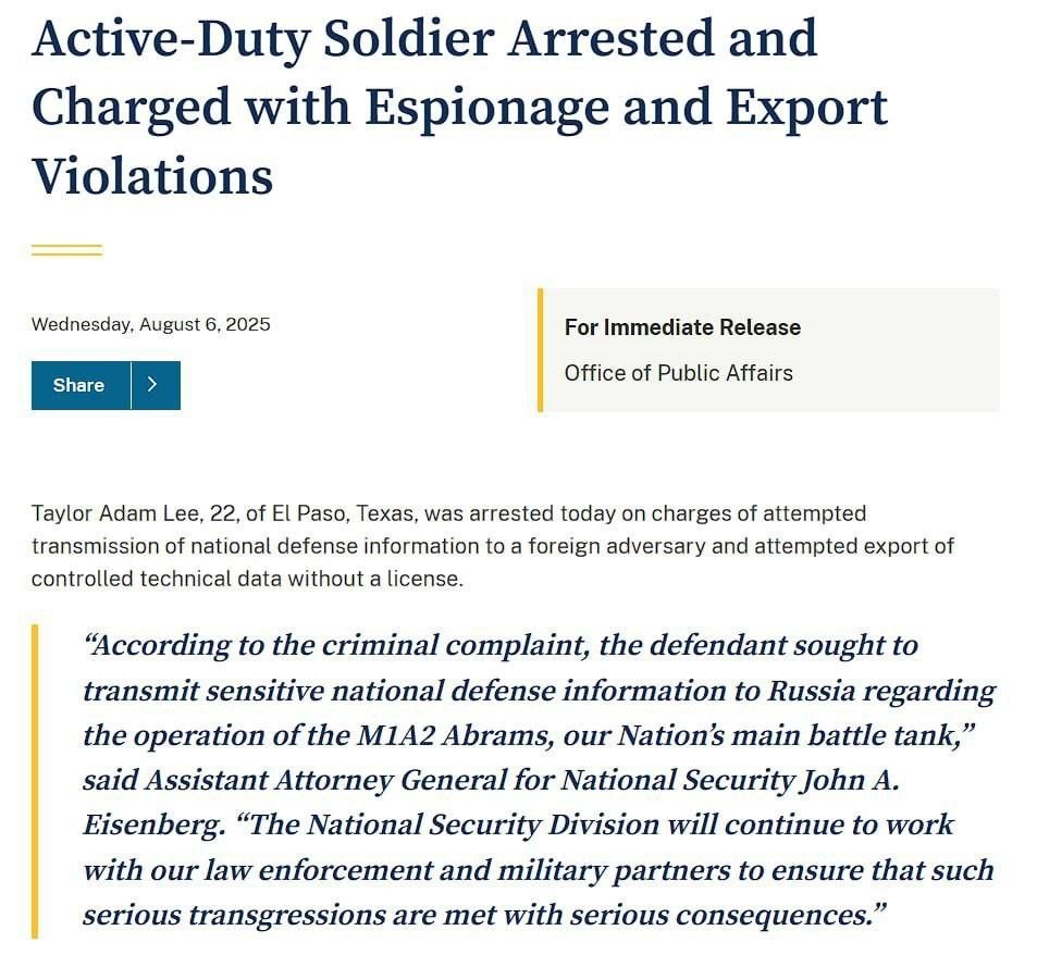 «Миссия выполнена»: в США задержали 22-летнего военного за попытку передать РФ данные о танках Abrams в обмен на российское гражданство.