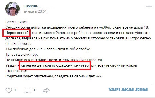 Моего ребёнка пытался похитить чурка.
