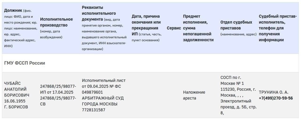 Приставы вышли за имуществом Чубайса