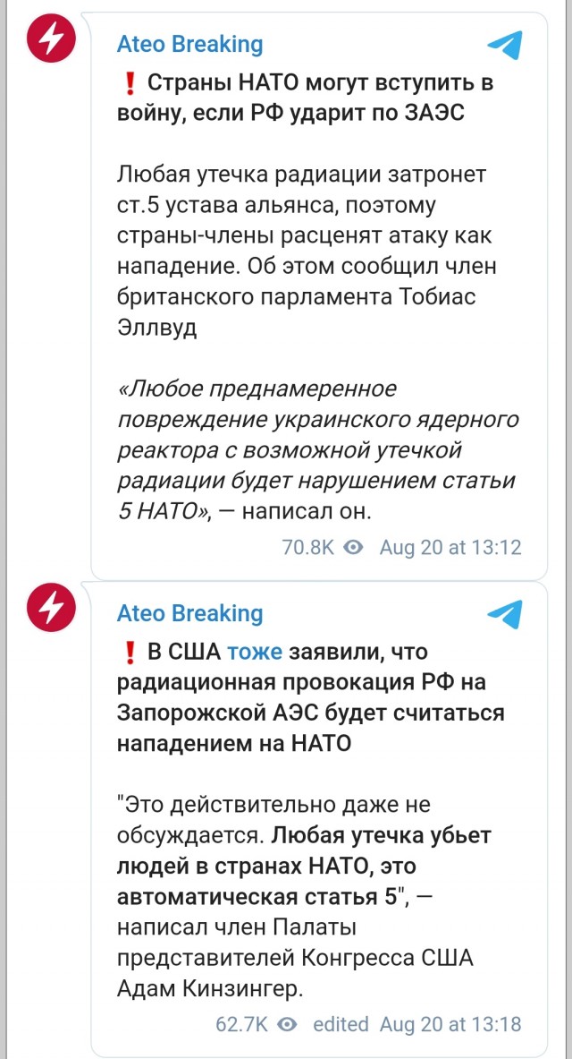 Минобороны РФ заявило о готовящемся Киевом 19 августа ударе по Запорожской АЭС