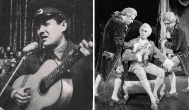 На фото слева - Стоянов в армии, справа - в театральной постановке в роли Моцарта (в центре)