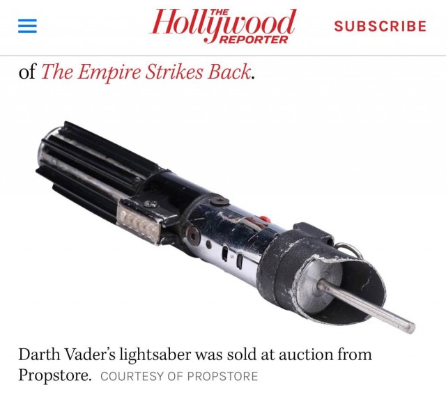 Световой меч Дарта Вейдера из «Звёздных войн» продали на аукционе в Лос-Анджелесе за рекордные 3,65 миллиона долларов, пишет The Hollywood Reporter