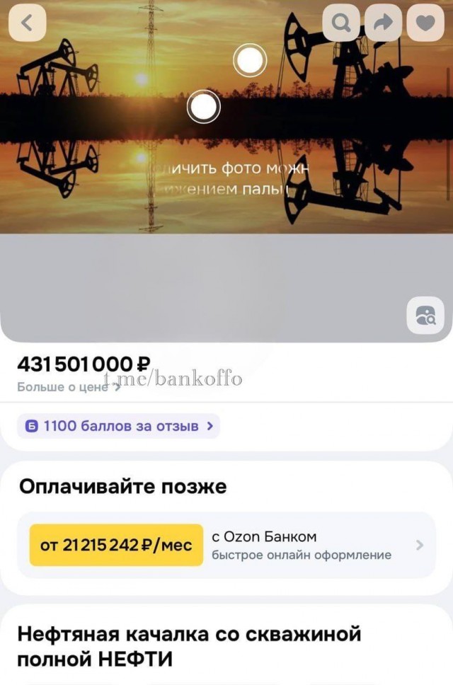 Нефтяную скважину можно приобрести на Ozon всего за 431,5 млн рублей. Продавец обещает, что нефти хватит даже внукам владельца