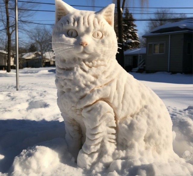 Котики из снега и котики на снегу