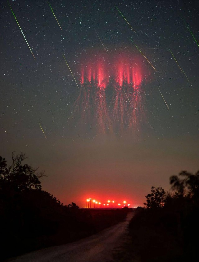 Американский фотограф сделал фото редкого явления: красные спрайты на фоне потока Персеиды