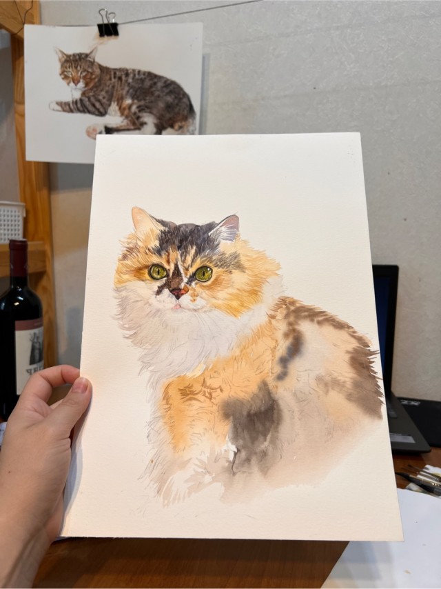 Кошка Муся с черным усом акварелью