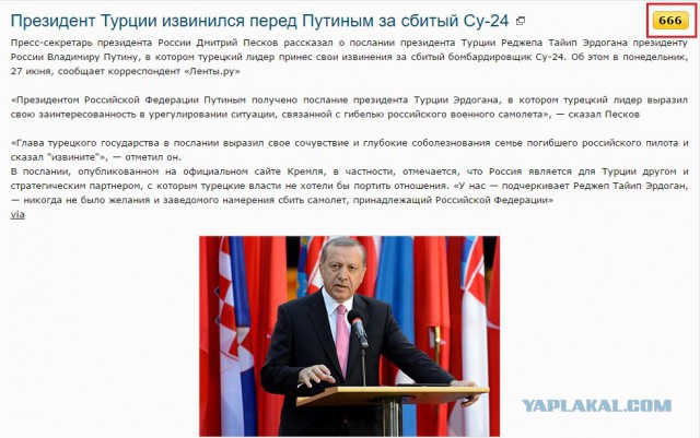 Президент Турции извинился перед Путиным за сбитый Су-24