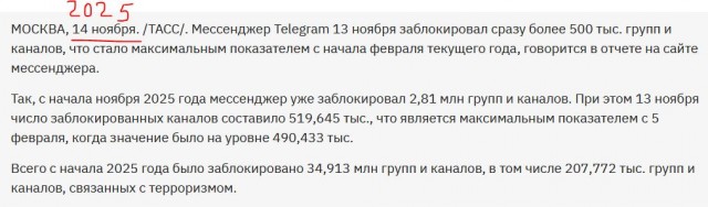 Администрация Telegram впервые с 23 января заблокировала более 235 тыс. каналов и групп