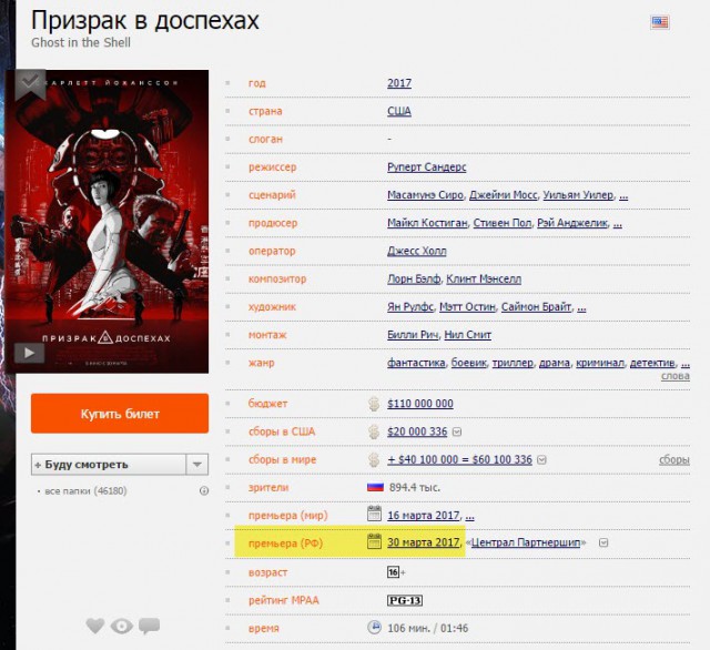 Кадры из фильма "Призрак в доспехах" - до и после обработки