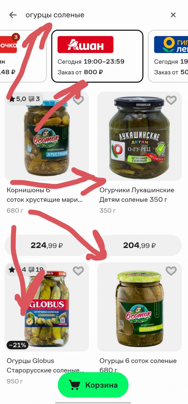 Соленые огурцы в супермаркетах