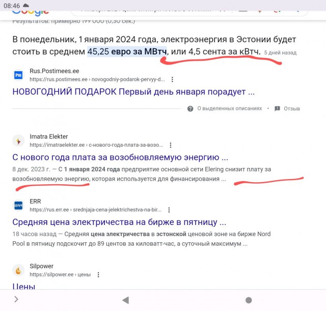 Цена на электричество на 05.01.2024. В Эстонии