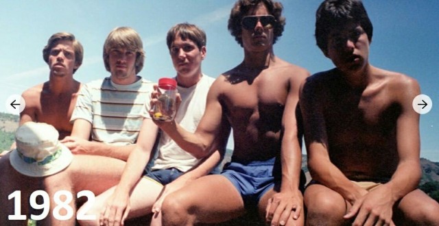 Пятеро друзей фотографируются на память на одном и том же месте (озеро в Калифорнии) каждые 5 лет.