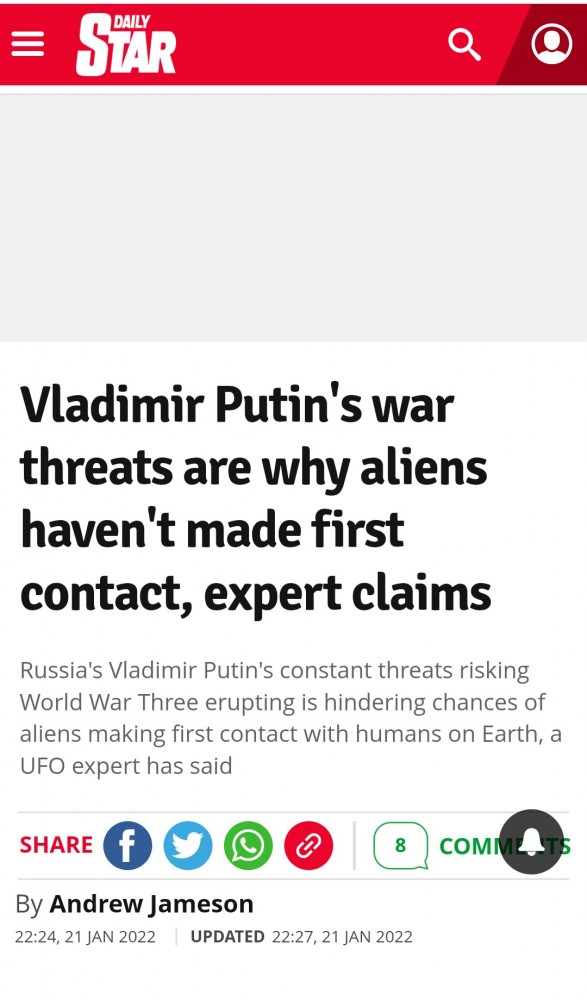 Британский уфолог считает что воинствующая риторика России снижают шансы на контакт с инопланетянами
