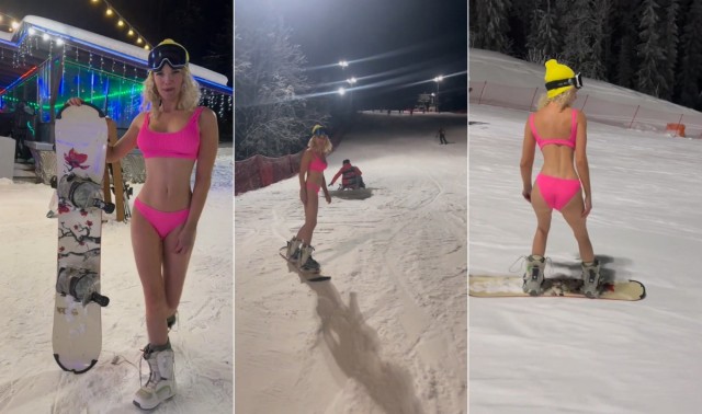 «Отличный лыжный костюм»: минчанка прокатилась на сноуборде в одном купальнике