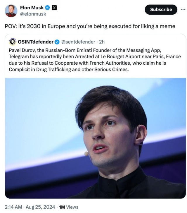 В 2030 году в Европе вас казнят за то, что вы лайкнули мем — Илон Маск про информацию о задержании Дурова