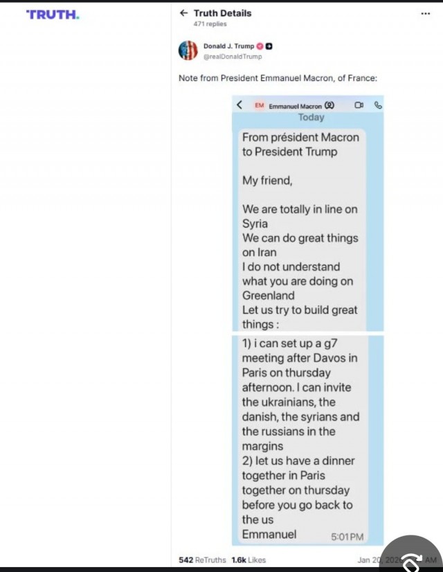 Трамп опубликовал личные сообщения от Макрона и генсека НАТО Рютте.

Макрон выражает непонимание: "Что ты делаешь в Гренландии?"