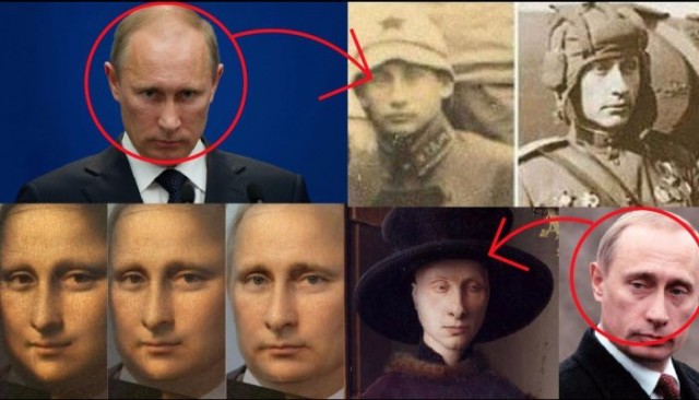 Лицо Путина переходит из века в век, а на руке у него символ власти