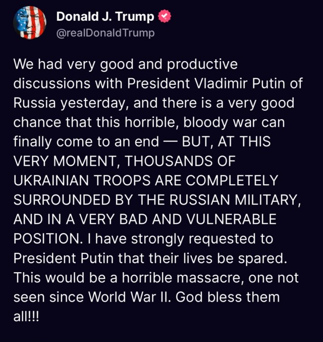 Трамп: вчера у нас состоялись очень хорошие и продуктивные переговоры с Путиным