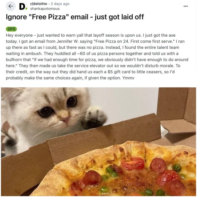 Компания Deloitte уволила сотрудников, которые любят пиццу.