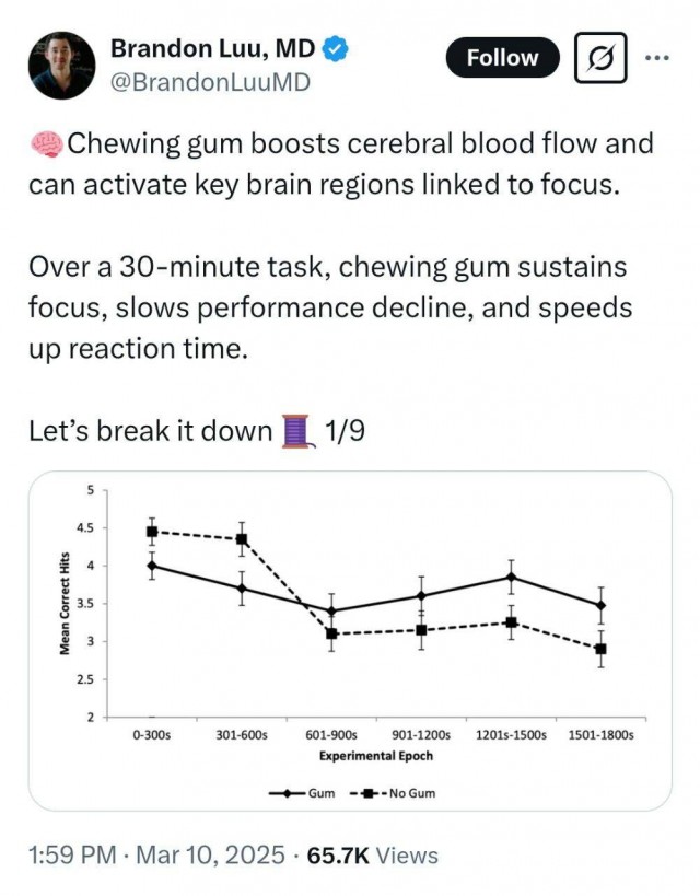 Исследование: жвачка усиливает работу мозга на 20%