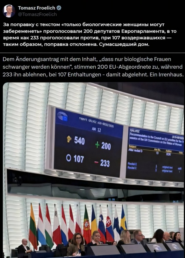 В Eвропарламенте произошло голосование по вопросу: «Только биологические женщины могут забеременеть?»