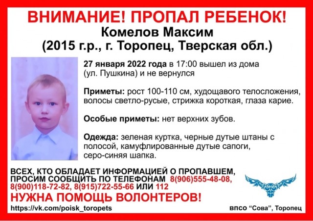 Семилетний мальчик под Тверью отпросился у няни в магазин и бесследно пропал